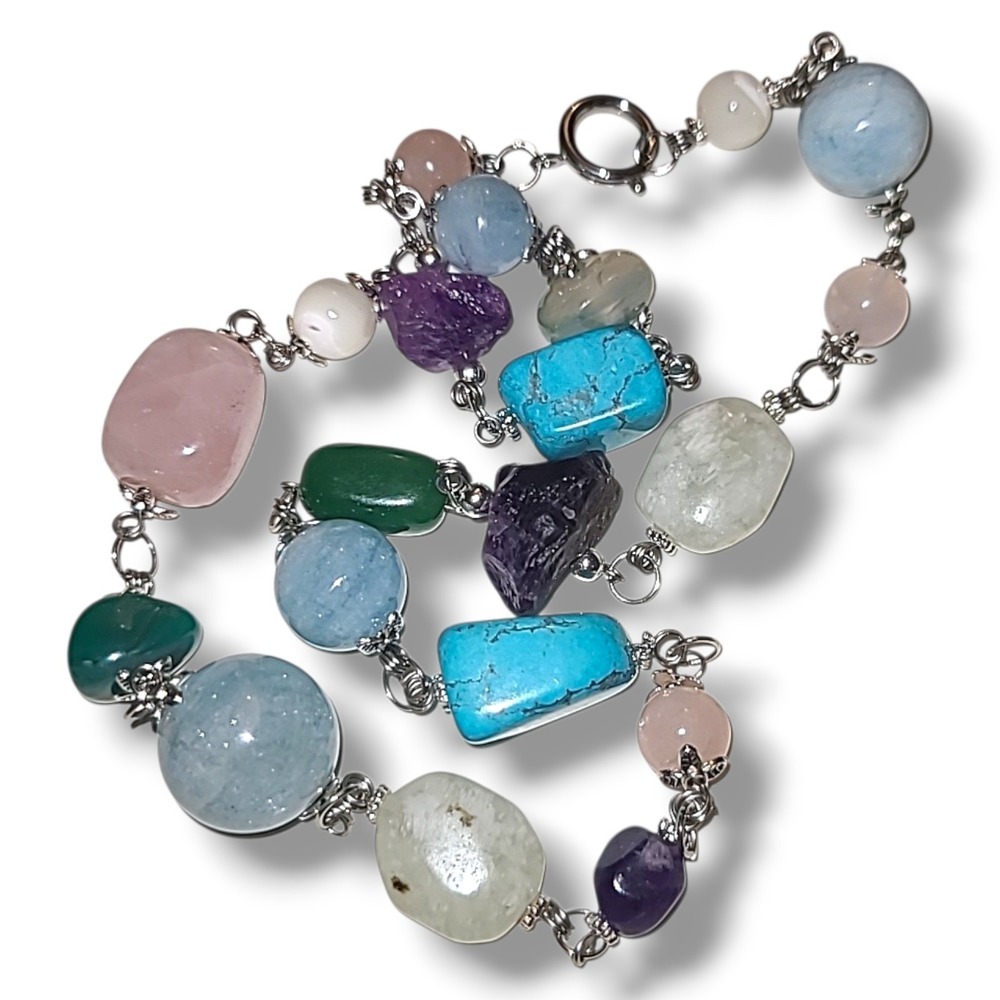Chunky Mixed Gemstone Beaded Necklace Rose Quartz Jade Turquoise MOP 22"